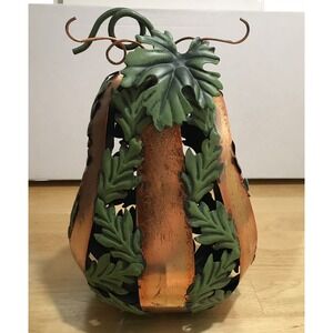 Decorative Copper Metal‎ Fall Pumpkin with Stem And Leaves 13" Tall Art Deco